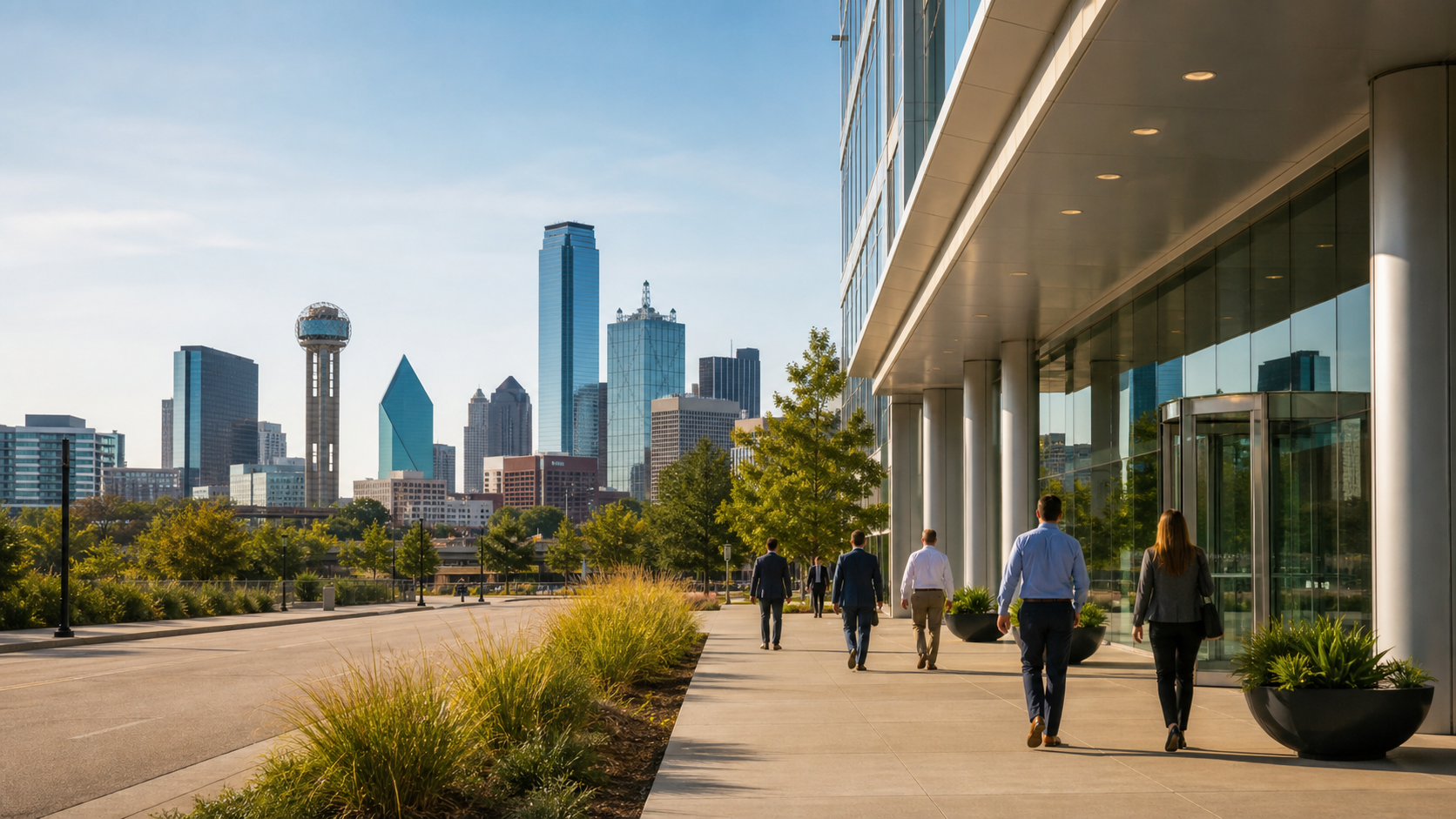 Dallas business district with office buildings and a walking path