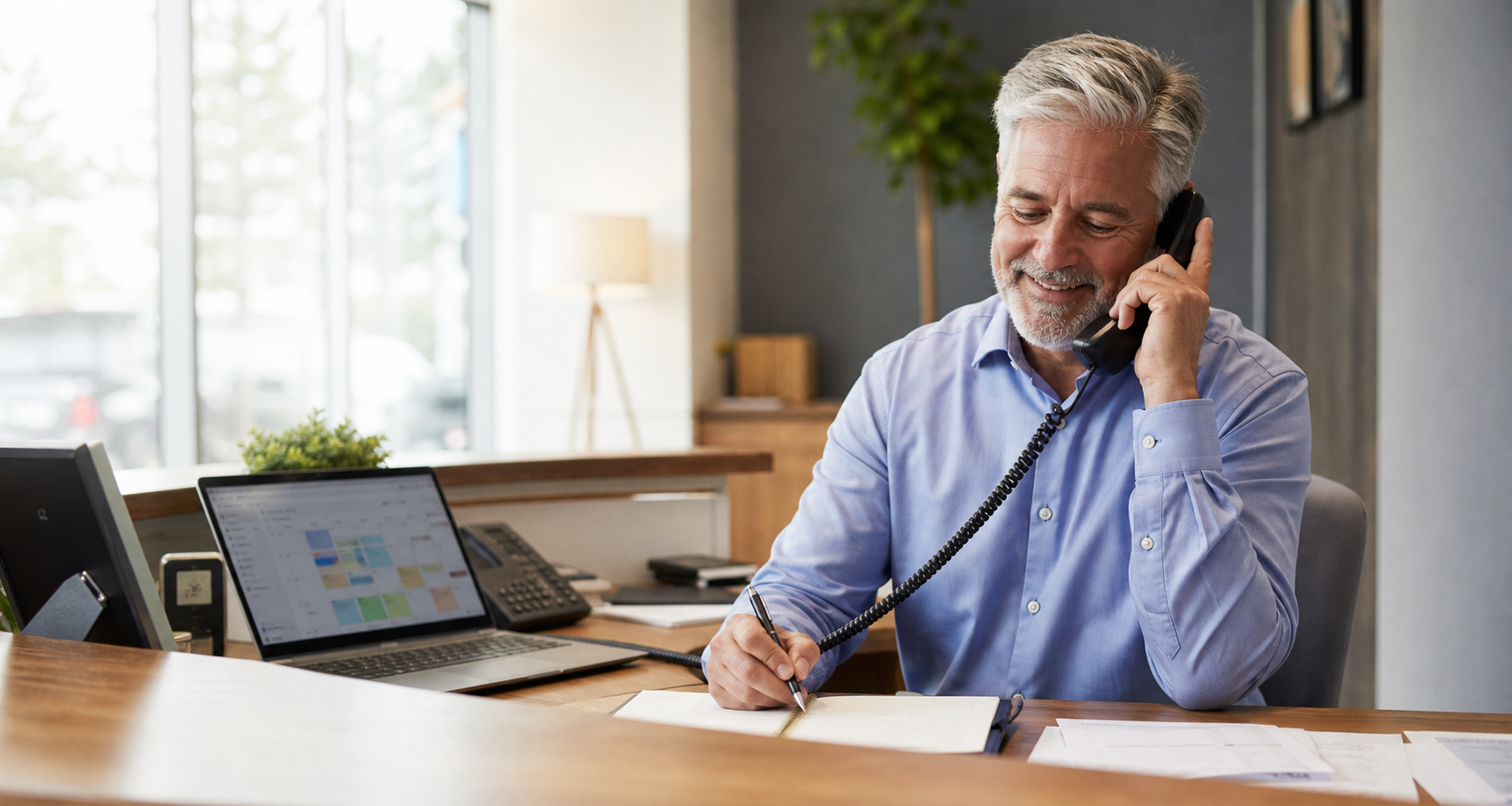 Business desk with phone, notes, and office work
